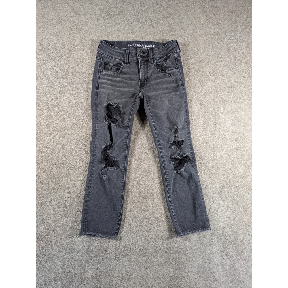 American Eagle‎ Outfitters Jeans Womens 2 Black Denim Artist Cropped Distressed